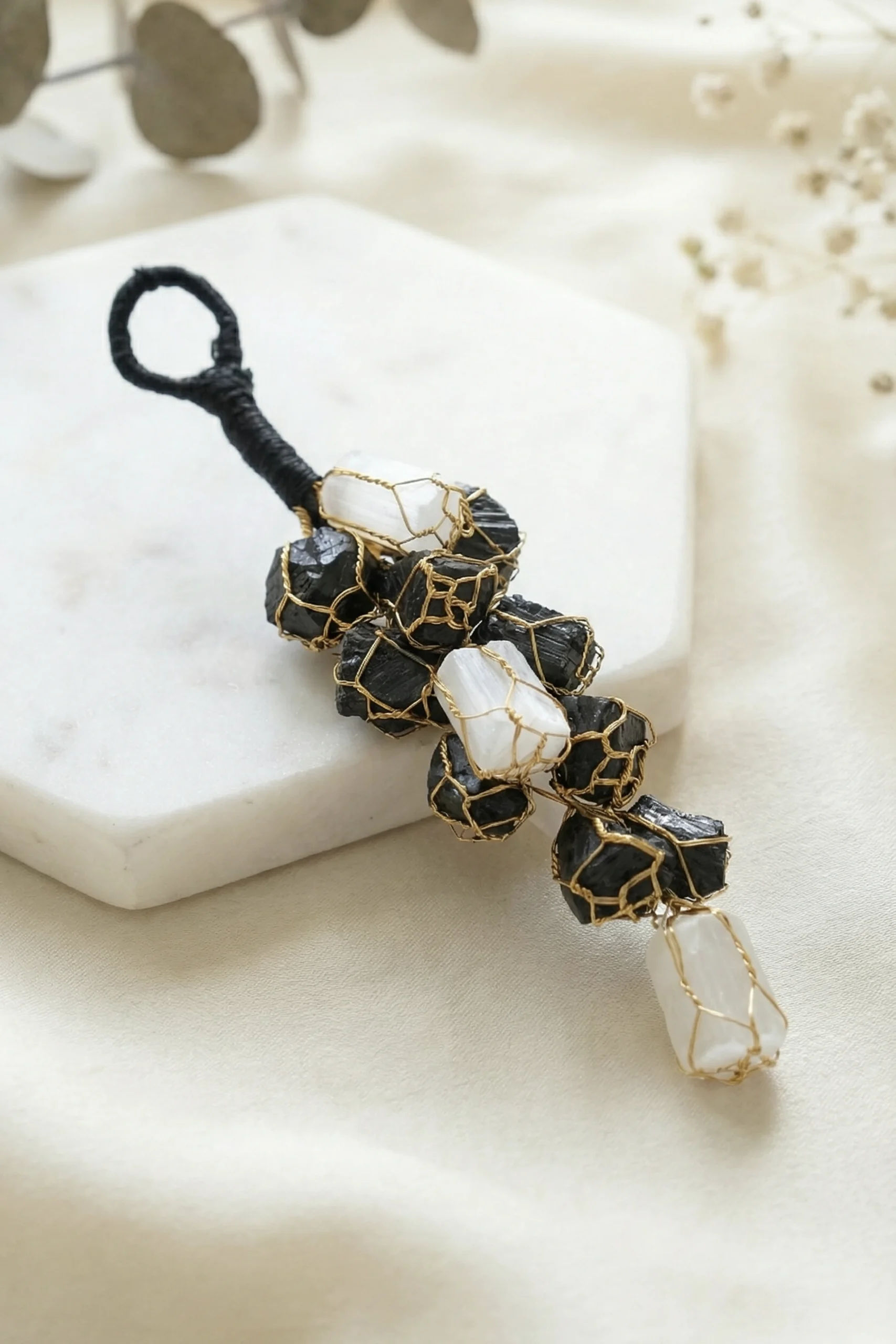 Selenite and Black tourmaline hanger